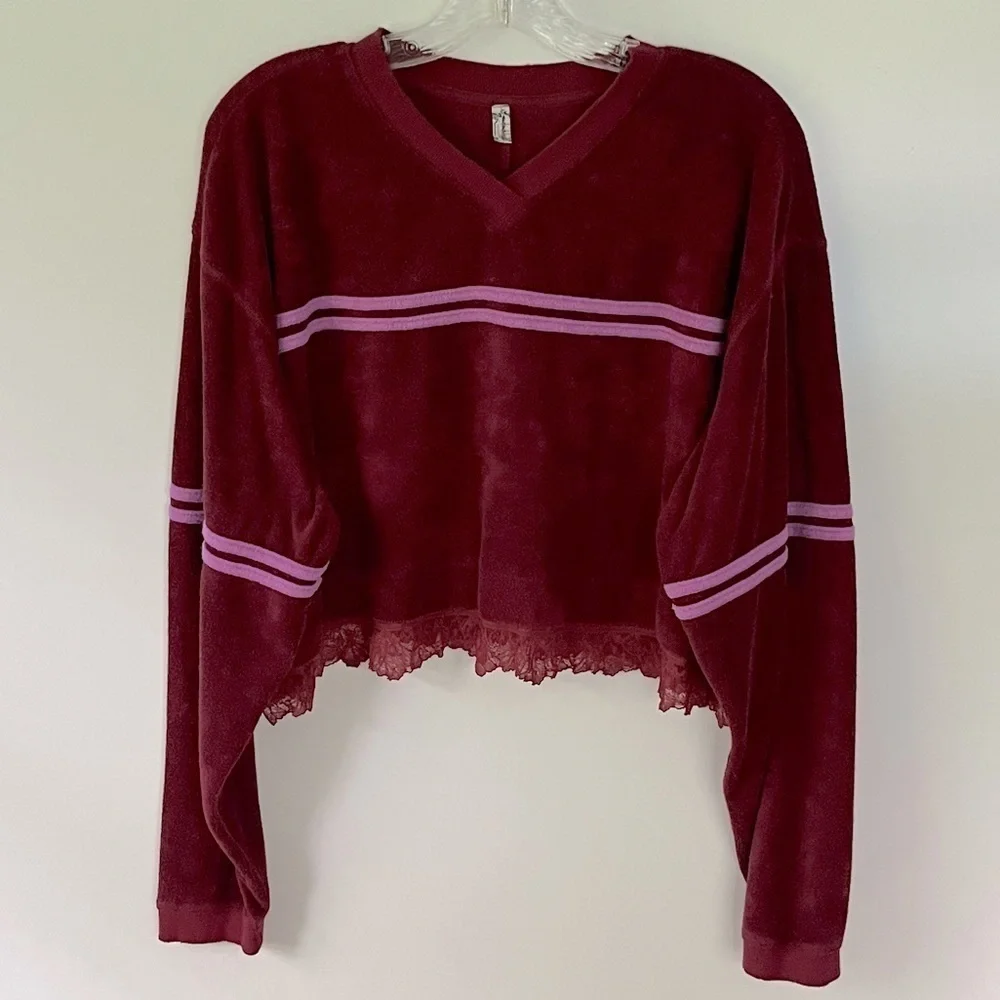 Field Day by Free People Pullover Long Sleeve Burgundy sporty Sweatshirt top